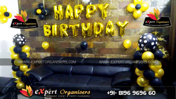 Room Decoration for Birthday with Black and Golden Balloons in Chandigarh Mohali Panchkula zirakpur,