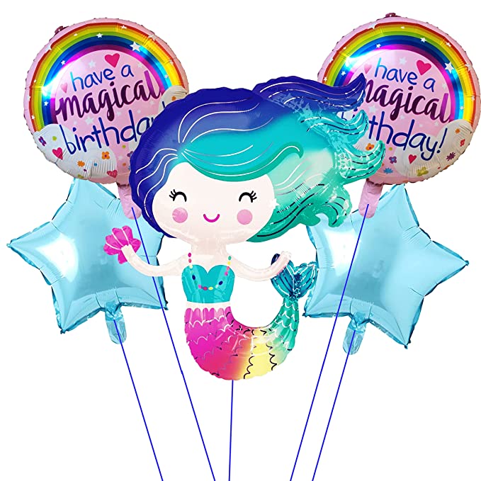 Magical Mermaid Theme Foil Balloons (Multicolor) - Set of 5