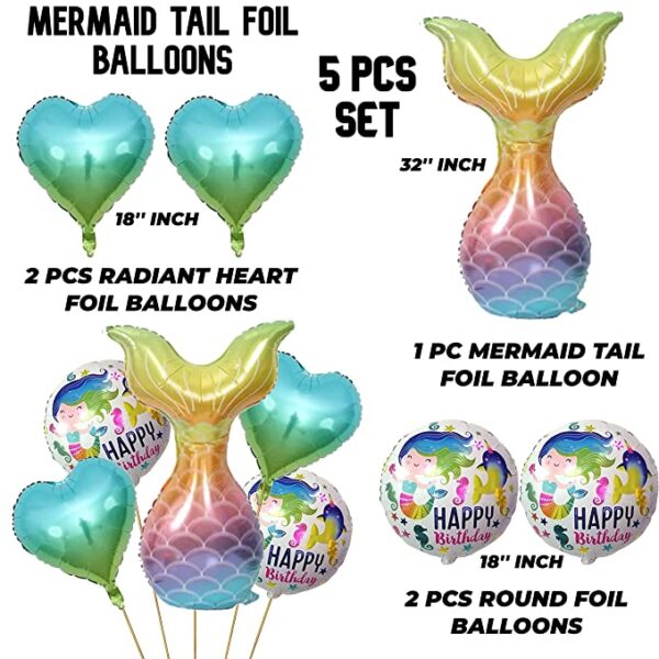 Mermaid Tail Theme Foil Balloons (Multicolor) - Set of 5