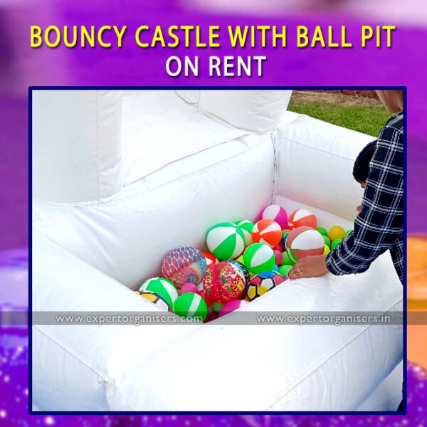 White Bouncy Castle with Ball Pit for kids on Rental near me in Chandigarh, Mohali, Panchkula, Zirakpur, Kharar.