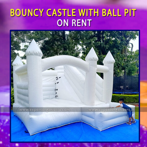 White Bouncy Castle with Ball Pit for kids on Rental near me in Chandigarh, Mohali, Panchkula, Zirakpur, Kharar.