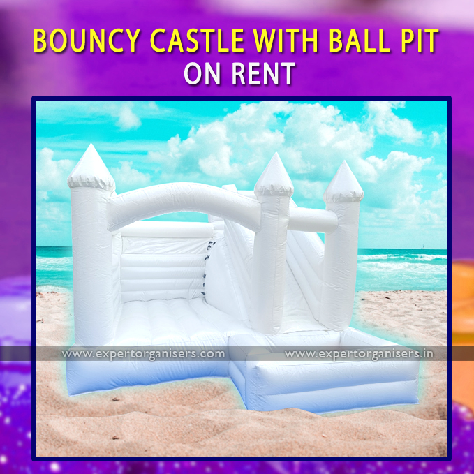 White Bouncy Castle with Ball Pit for kids on Rental near me in Chandigarh, Mohali, Panchkula, Zirakpur, Kharar.