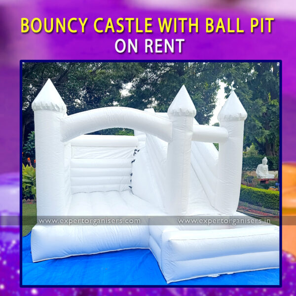 White Bouncy Castle with Ball Pit for kids on Rental near me in Chandigarh, Mohali, Panchkula, Zirakpur, Kharar.